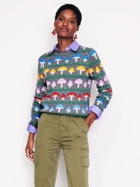 #29 🌷Boden Gray Fair Isle Mushroom Sweater with Blue, Yellow & Red Details